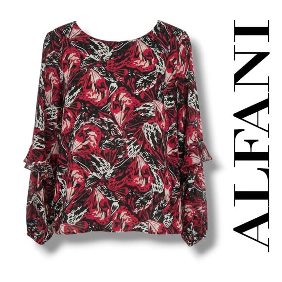 Alfani Women’s Red Black Abstract Print Long Sleeve Ruffle Blouse – Size Large - Picture 8 of 8